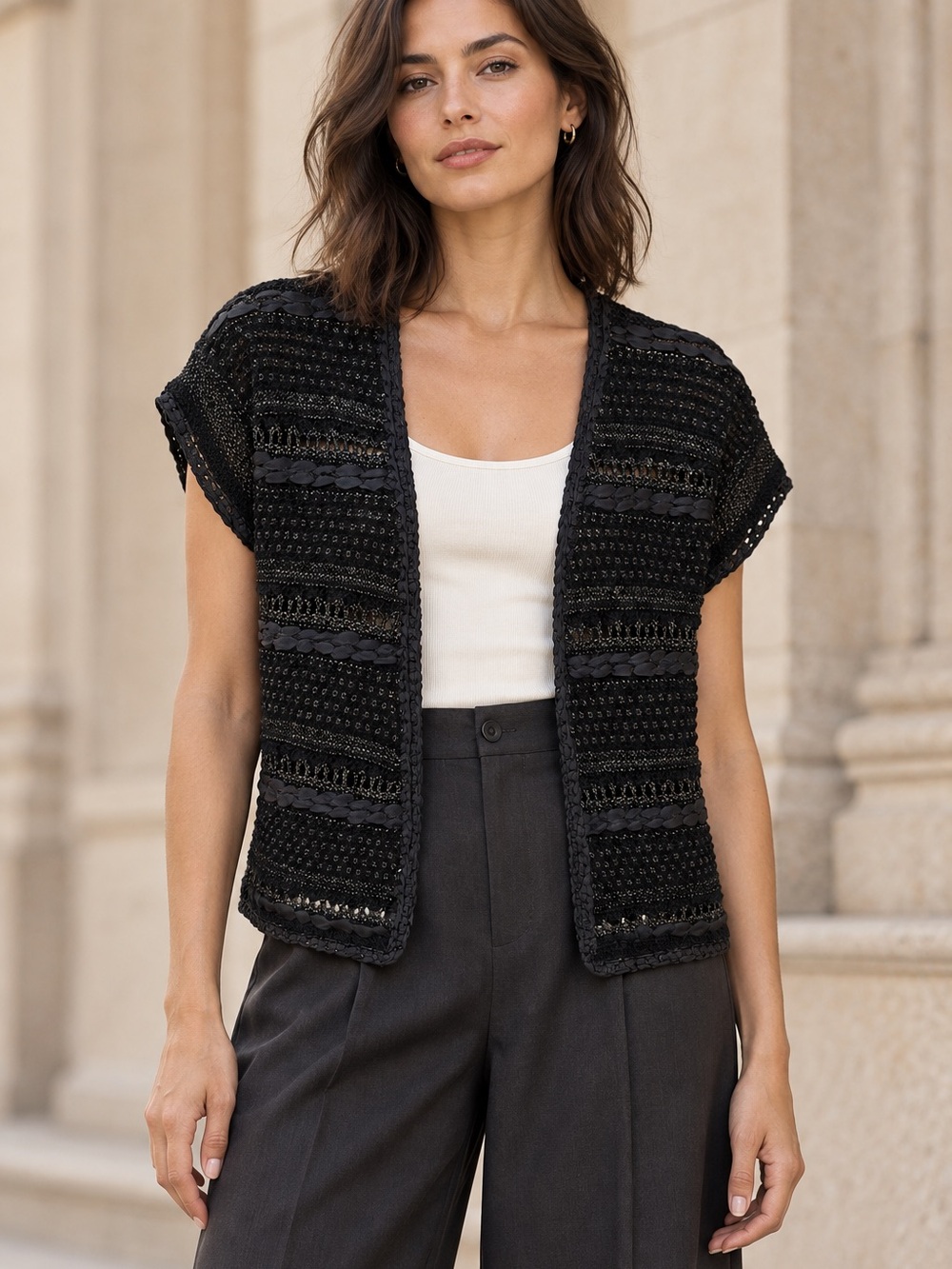 Black Openwork Cropped Cardigan Wool Silk Trim Banana Republic M